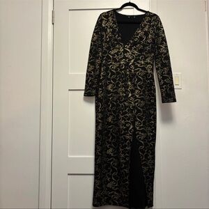 Black and Gold Filigree Maxi Dress Long Sleeve Slit Formal
